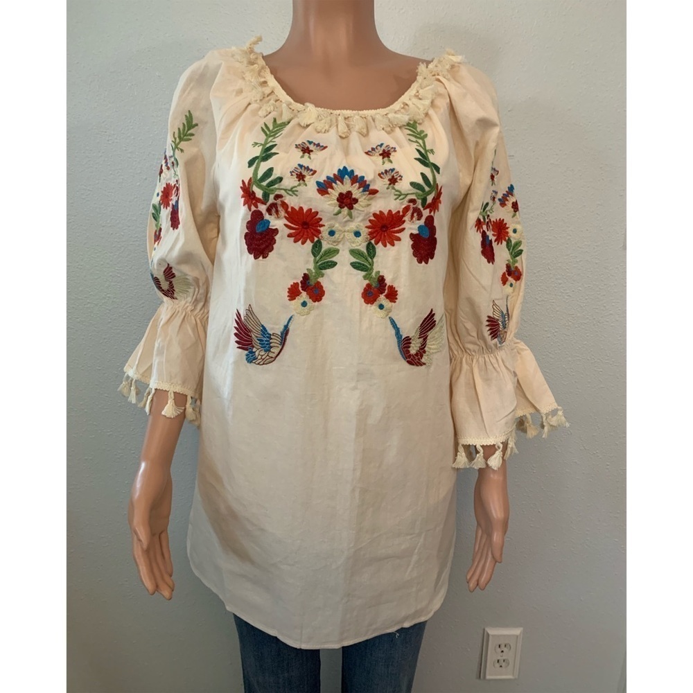 Tan Embroidered Floral, Bird Design and Ruffled, Tasseled 3/4 Sleeve Tunic - Picture 5 of 14